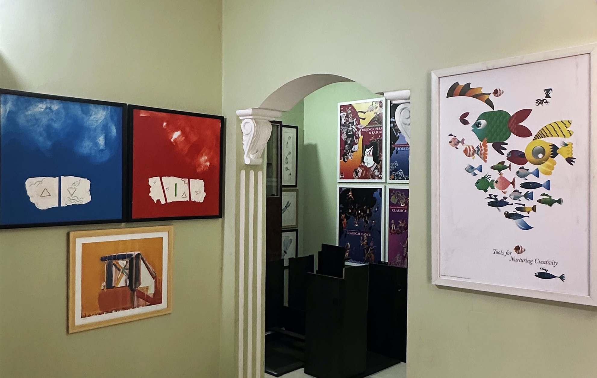 Gallery wall, framed abstract paintings